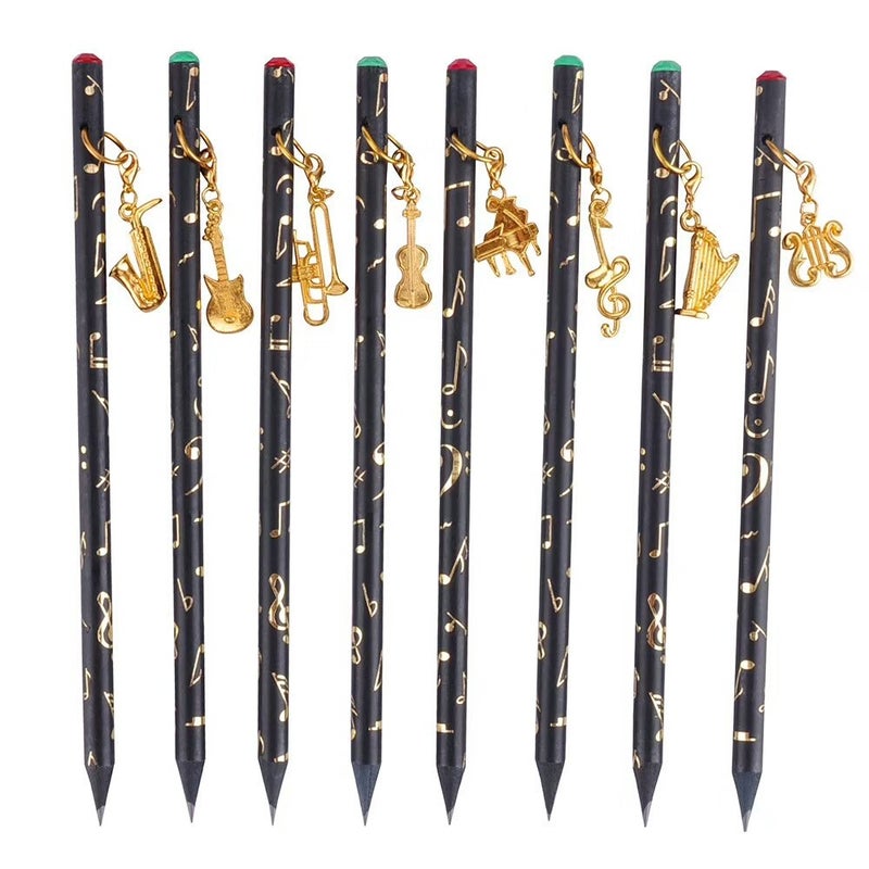 PUNK Artist Pencil Music Note Pre-Sharpened Pencils Charcoal Pencil with Diamond Top & Beautiful Musical Instruments Gold Plated Pendant(8 Pcs) - Image 3